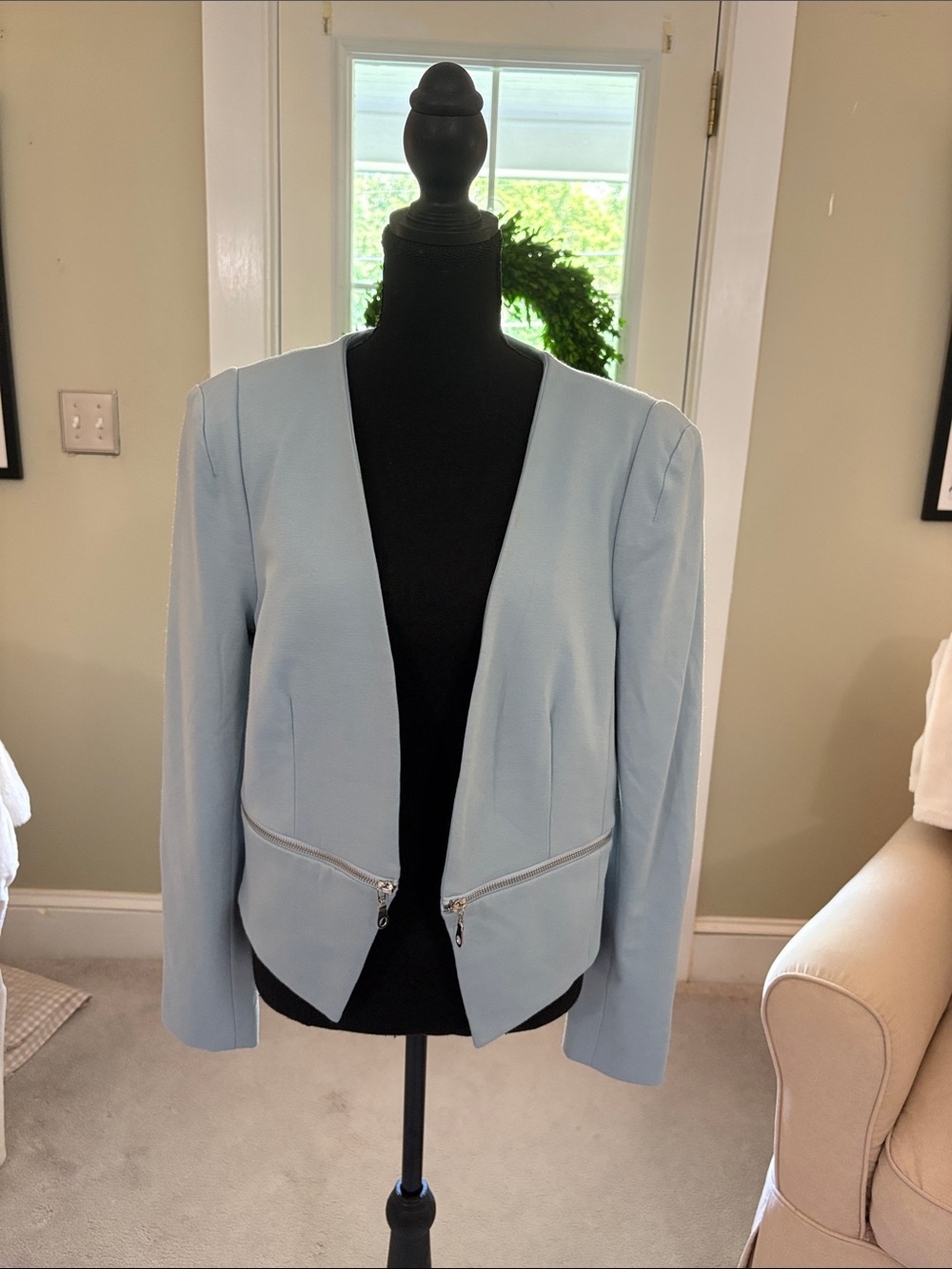 Philosophy Light Blue Open-Front Blazer with Zip Accents